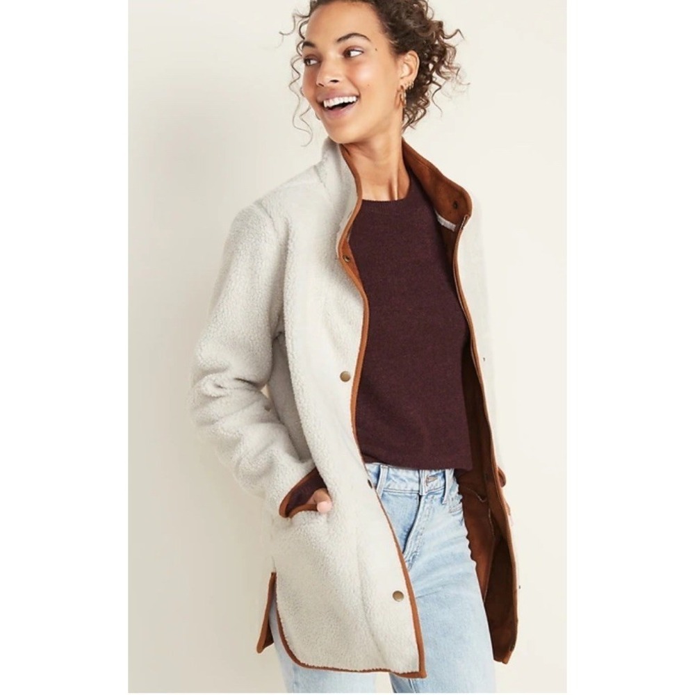 Old Navy Women Jacket Coat Sherpa Faux Suede Sz XS Oversized Ivory Tan Snaps - Picture 2 of 14